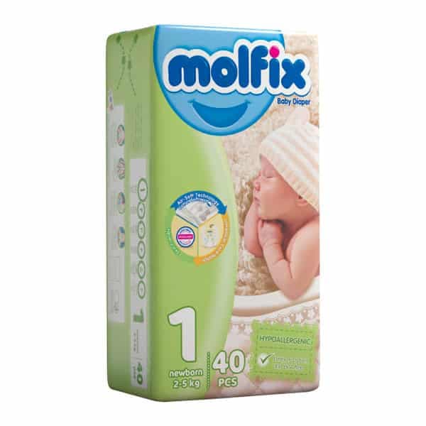 پوشک کودک مولفیکس سایز 1 بسته 40 عددی + هدیه دستمال مرطوب — تصویر ۲