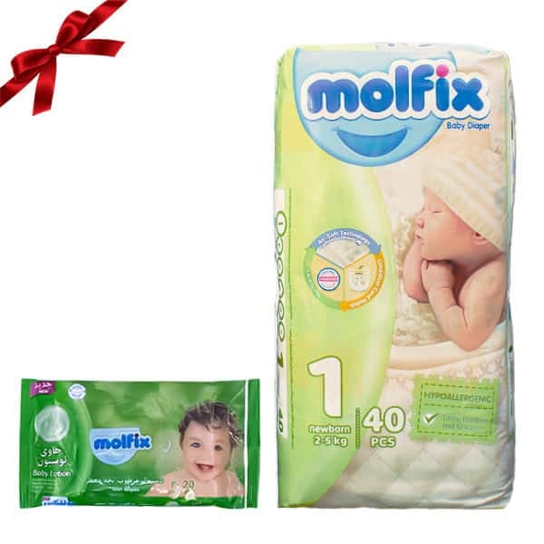 پوشک کودک مولفیکس سایز 1 بسته 40 عددی + هدیه دستمال مرطوب