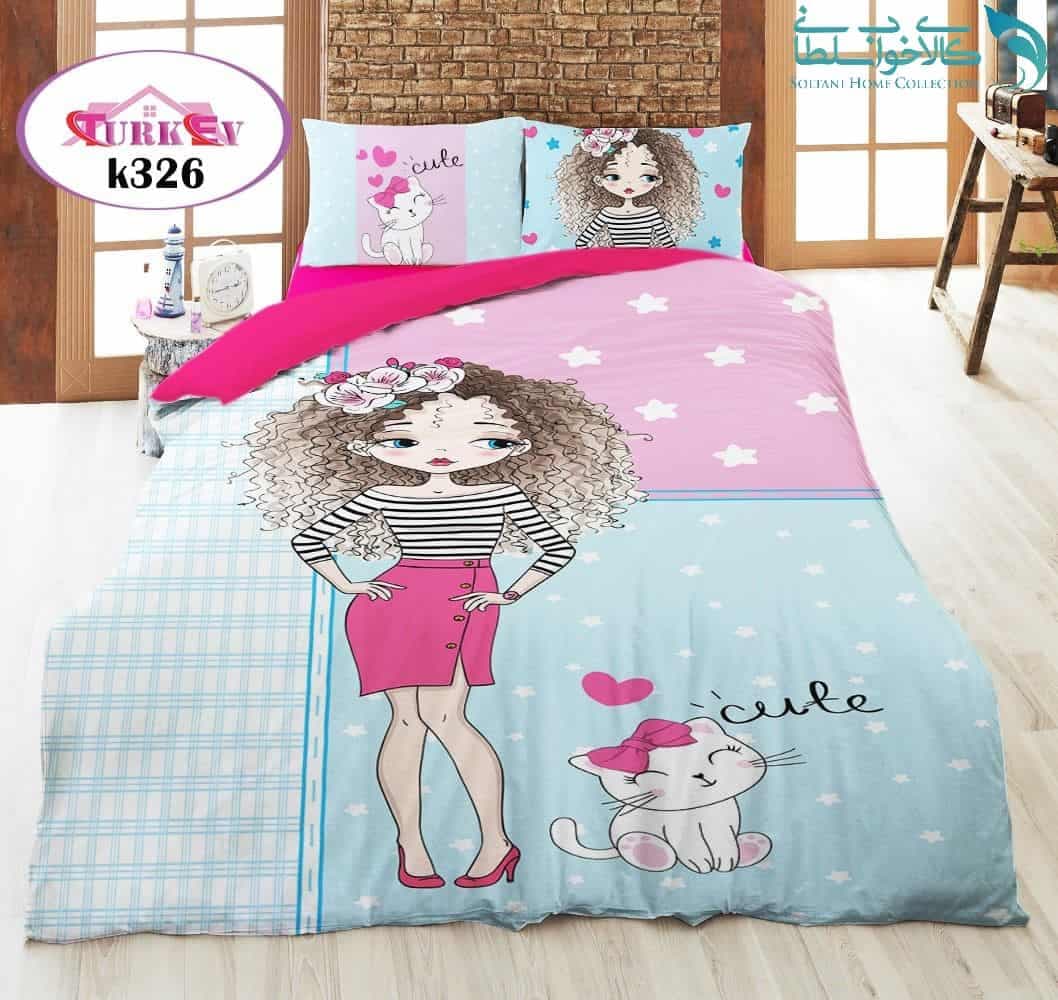 روتختی طرح دخترک فرفری و گربه یکنفره برند Turkev کد K326