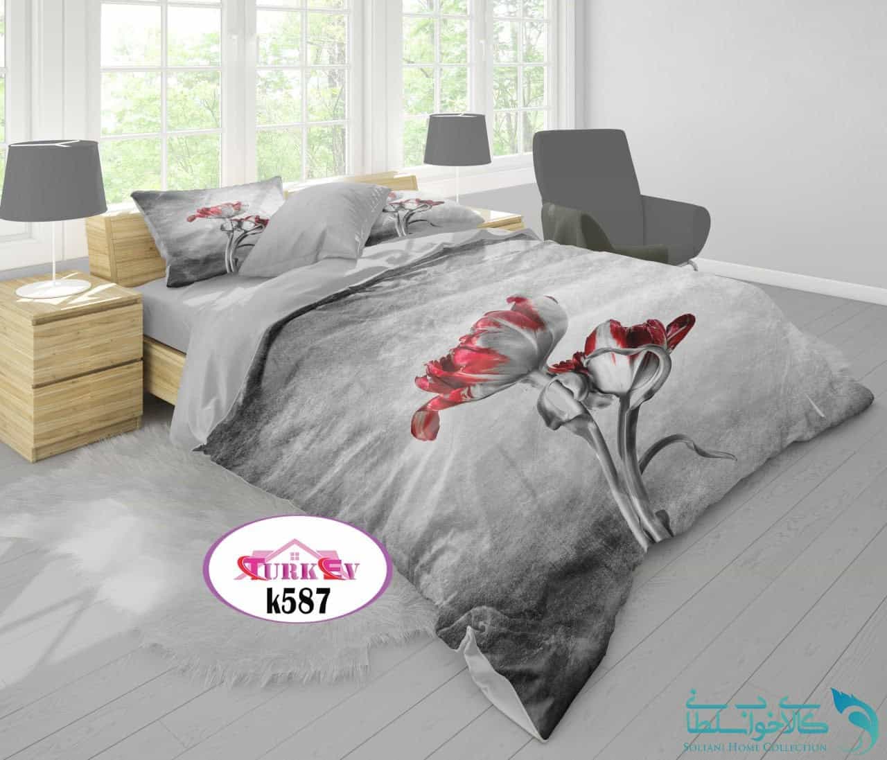 روتختی طرح گلدار طوسی دونفره برند Turkev کد K587