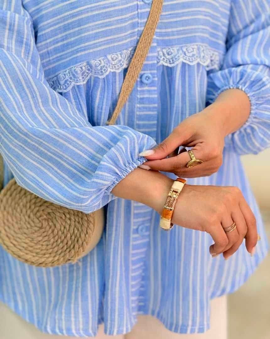 شومیز زنانه راه راه جنس نخی تابستانه لطیف و خنک رنگ آبی روشن کد408810 — تصویر ۲