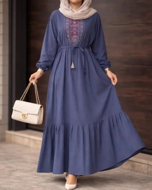 پیراهن زنانه بلند لطیف و خنک جنس نخی مناسب تابستان طوسی 408139 A