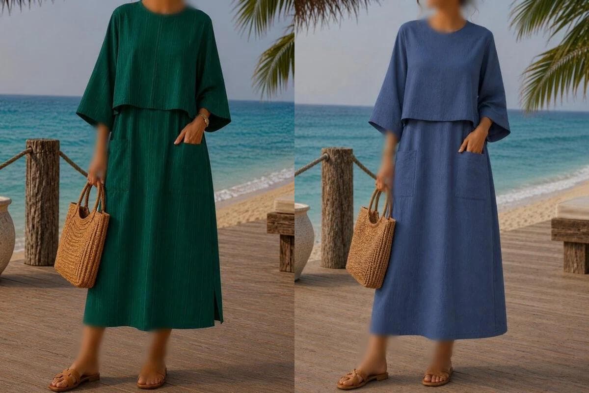 ست زنانه سارافون و رویه تابستانه سبک و خنک lili قد 120جنس بابوس رنگ سبز و طوسی sg 408784