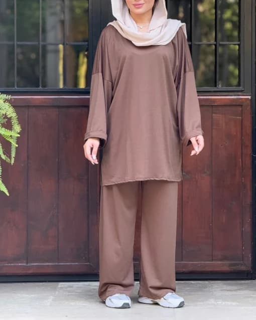 ست زنانه بلوز و شلوار تخفیف دار سایز مناسب 38 تا 48 موکا 404020 A