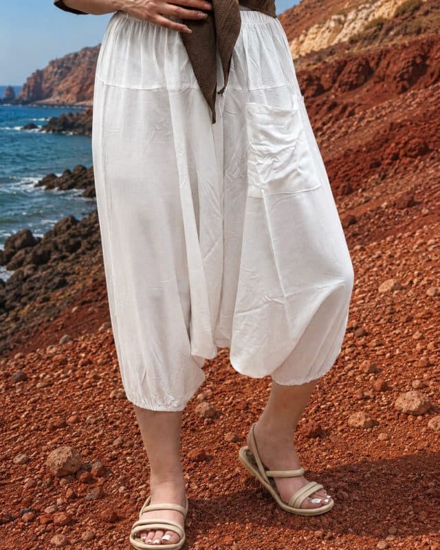 شلوار زنانه تبتی نخی قواره آزاد رنگ سفید کد 206475