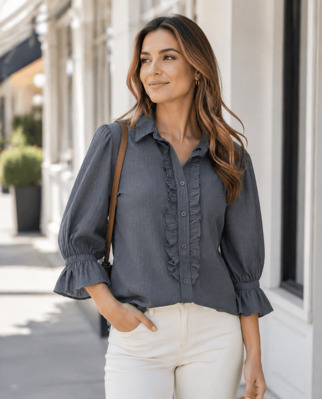 شومیز مانتویی تابستانه سایز فری جنس آیوا رنگ طوسی تیرهsg40878 — تصویر ۳