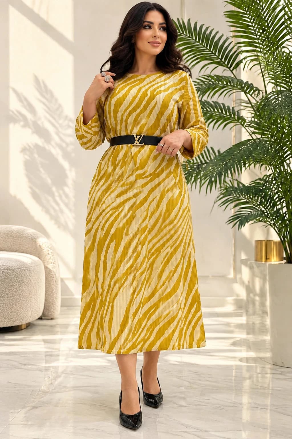 پیراهن مانتویی زنانه zebra فری سایز تا 46 جنس کراش رنگ خردلی A 4021216 — تصویر ۳