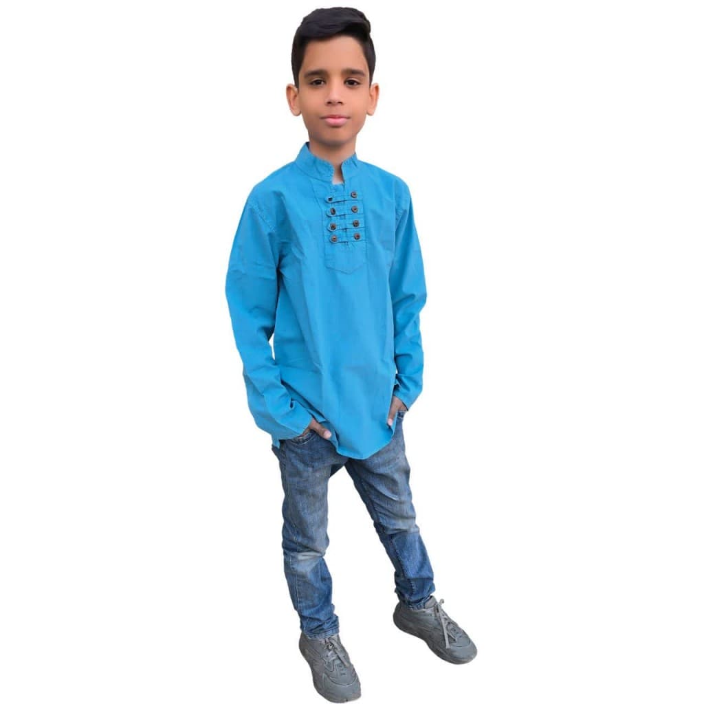 پیراهن نوجوان الیاف طبیعی 8 دکمه کساء (فیروزه ای)