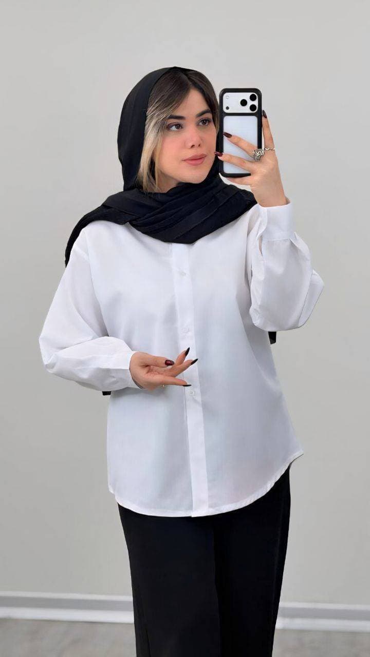 شومیز سفید زنانه ساده کاربردی جنس تترون MSH6114 — تصویر ۲