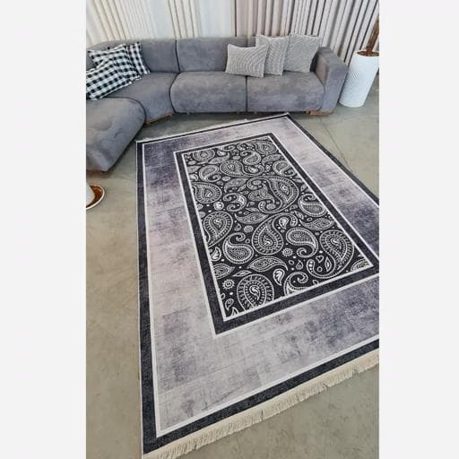 فرشینه | فرش چاپی برند حسن نیا هازان ترک طرح مدرن سفید مشکی 150 در 225 کد h167 (پس کرایه) — تصویر ۳
