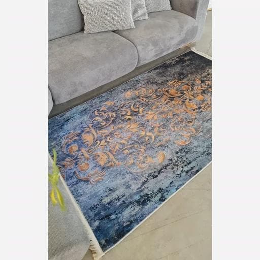 فرشینه | فرش چاپی برند حسن نیا چاپی هازان ترک وینتیج سرمه ای (پس کرایه) — تصویر ۳