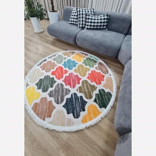 فرشینه | فرش چاپی برند حسن نیا چاپی گرد هازان ترک رنگی کد M267 (پس کرایه) — تصویر ۴