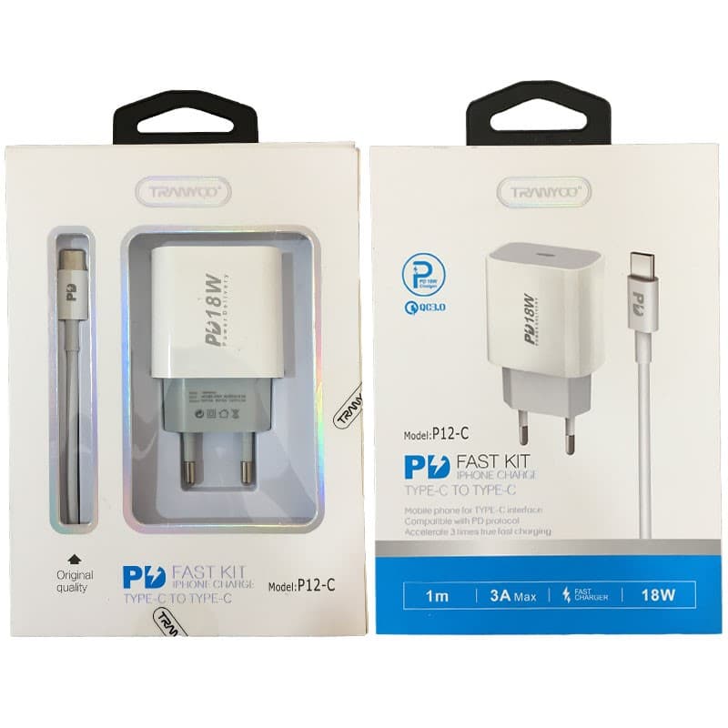 آداپتور شارژر با کابل دوسر Type-c فست Tranyoo P12-C QC3.0 PD 3A 20W — تصویر ۲
