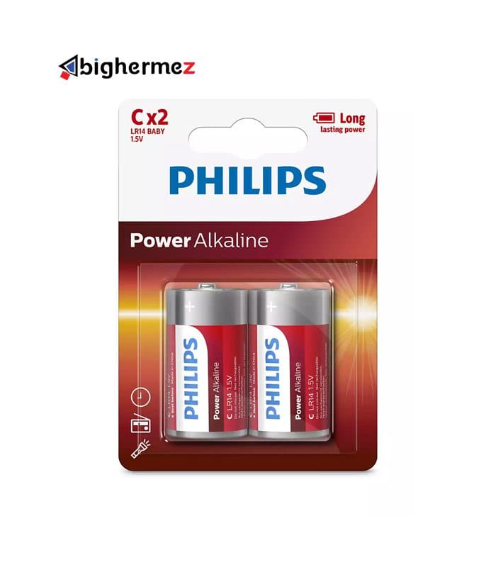 باتری متوسط 2 عددی سایز C فیلیپس پاور آلکالاین مدل LR14P2B/97