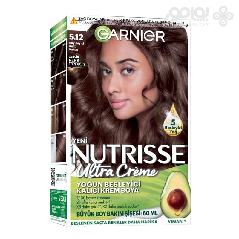 کیت رنگ موی گارنیر NUTRISSE شماره 5.12 رنگ قهوه ای دودی جذاب
