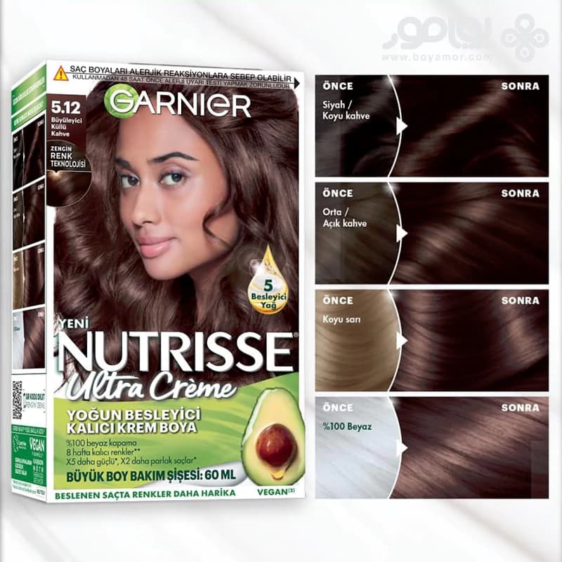 کیت رنگ موی گارنیر NUTRISSE شماره 5.12 رنگ قهوه ای دودی جذاب — تصویر ۲