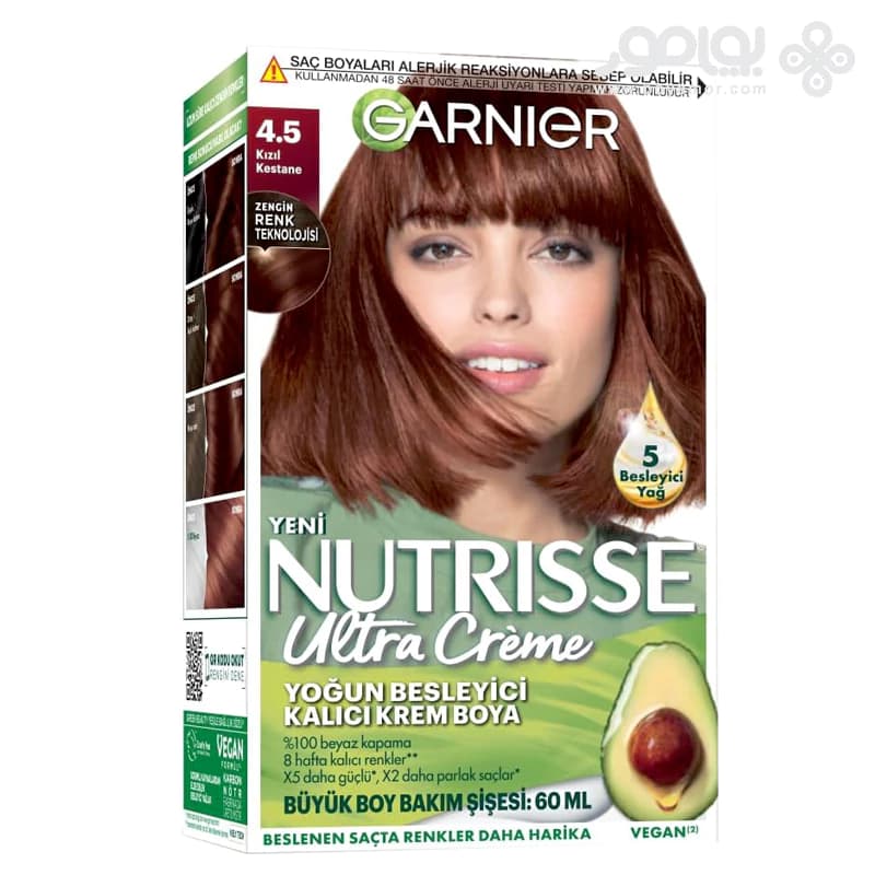 کیت رنگ موی گارنیر NUTRISSE شماره 4.5 رنگ فندقی قرمز