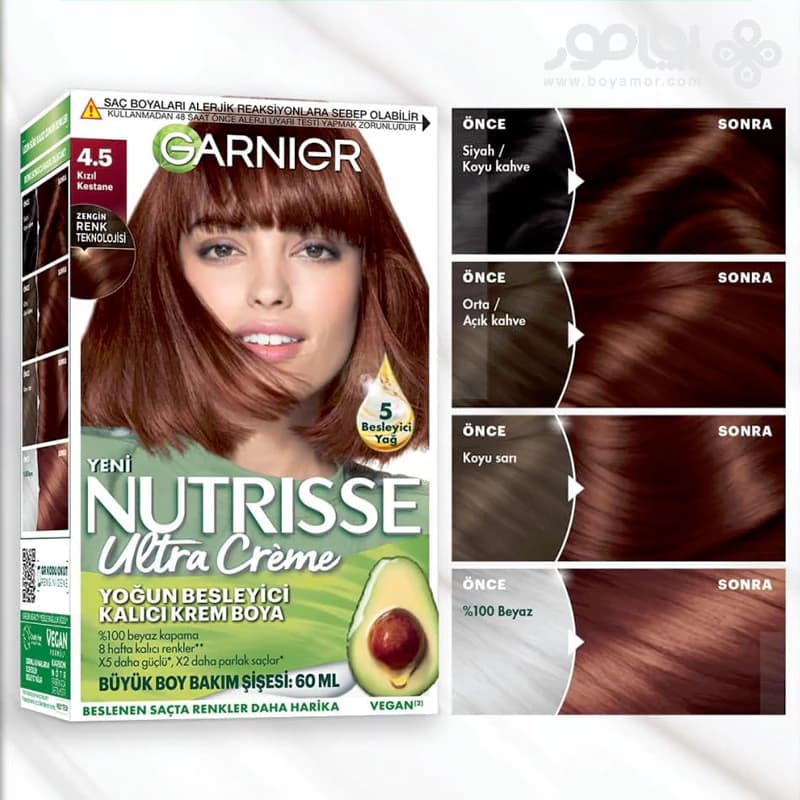 کیت رنگ موی گارنیر NUTRISSE شماره 4.5 رنگ فندقی قرمز — تصویر ۲