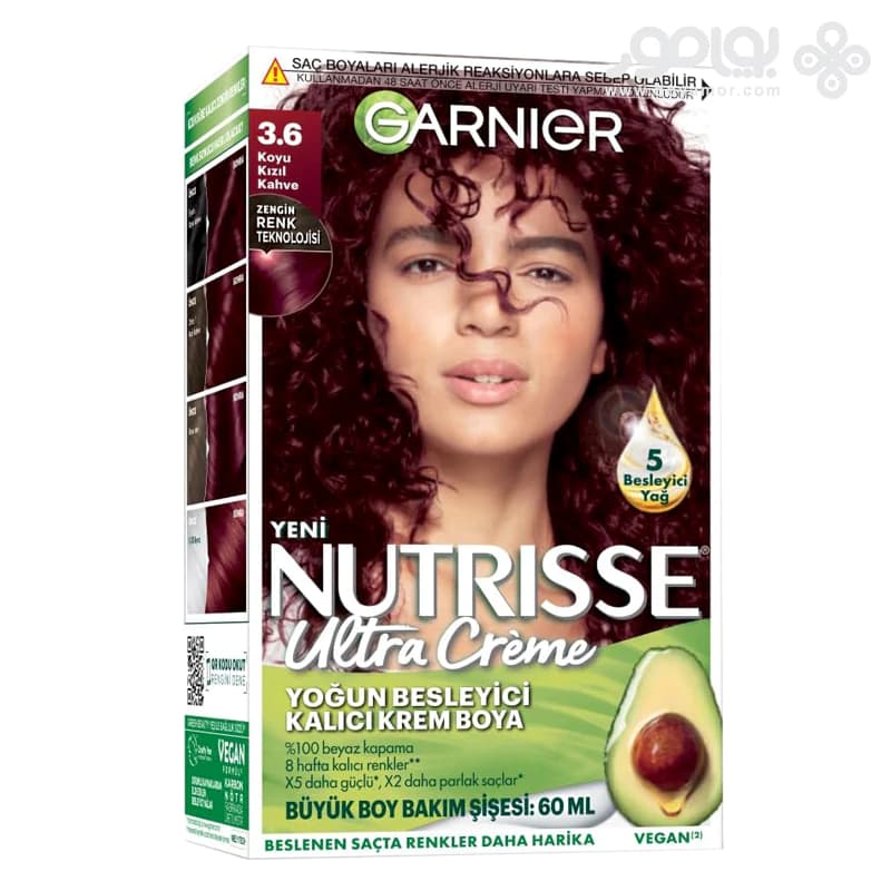 کیت رنگ موی گارنیر NUTRISSE شماره 3.6 رنگ قهوه ای قرمز تیره