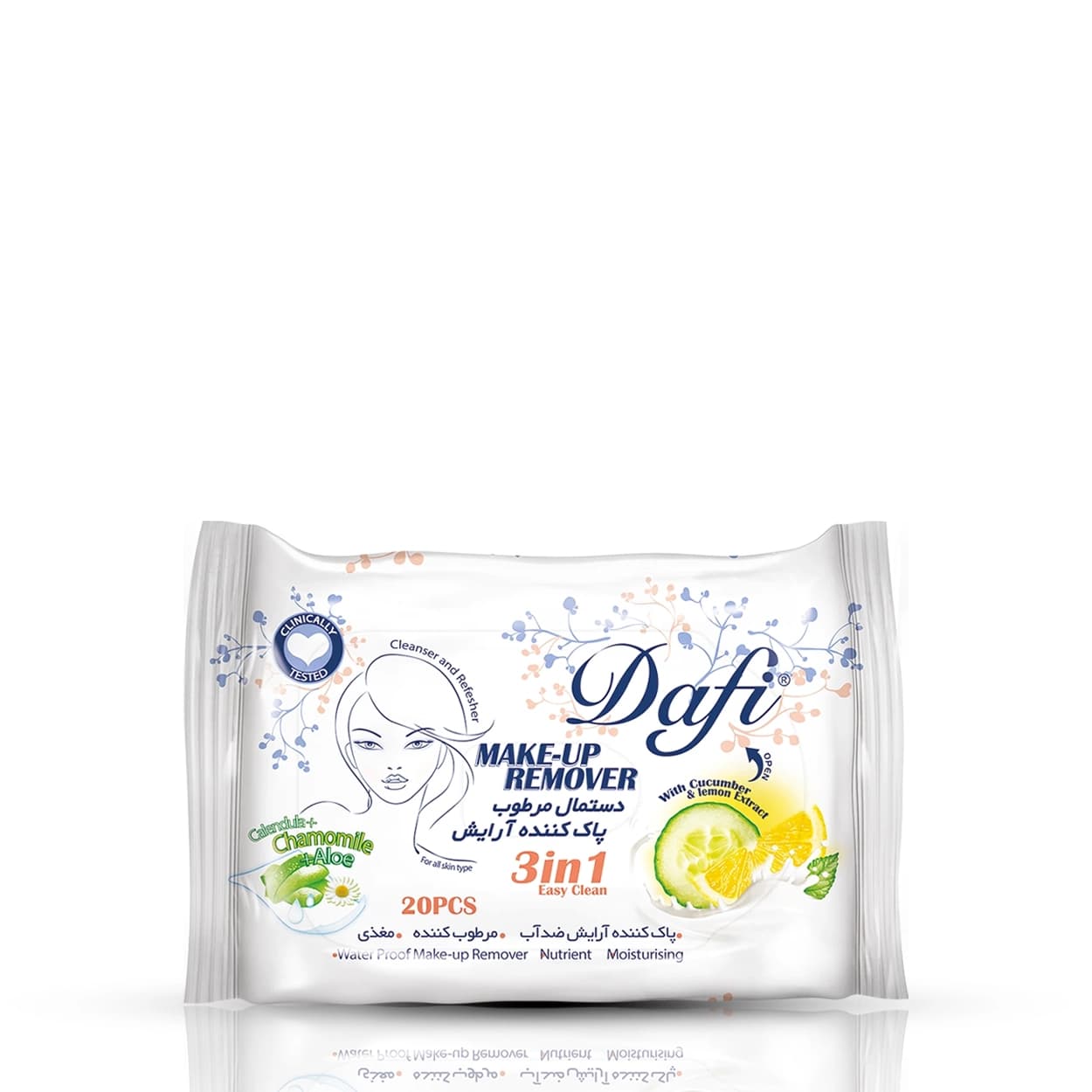 دستمال مرطوب پاک کننده آرایش دافی مدل خیار و لیمو بسته 20 عددی Dafi Make Up Remover 3in1 کد 186