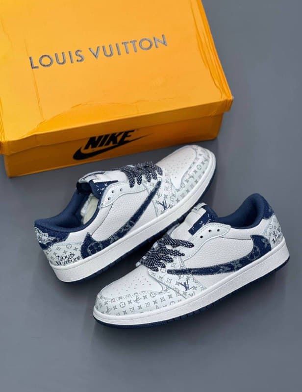 نایک ایر جردن ۱ بدون ساق تراویس اسکات استوسی لویی ویتون سفید آبی Nike air jordan 1 low Travis Scott STUSSY LV White Blue