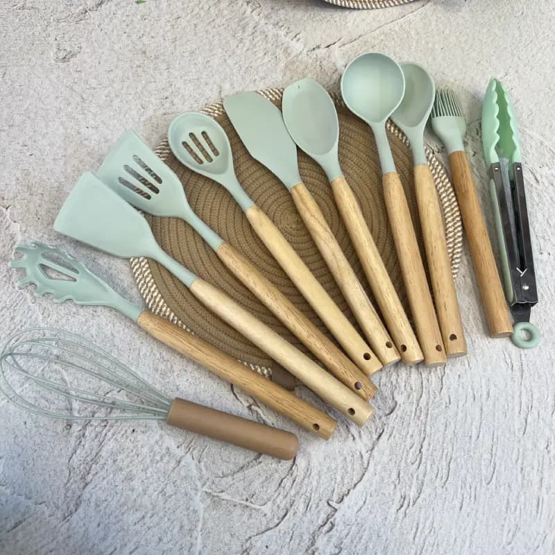ست کفگیر ملاقه سیلیکونی دسته چوبی ۱۲ پارچه — تصویر ۲