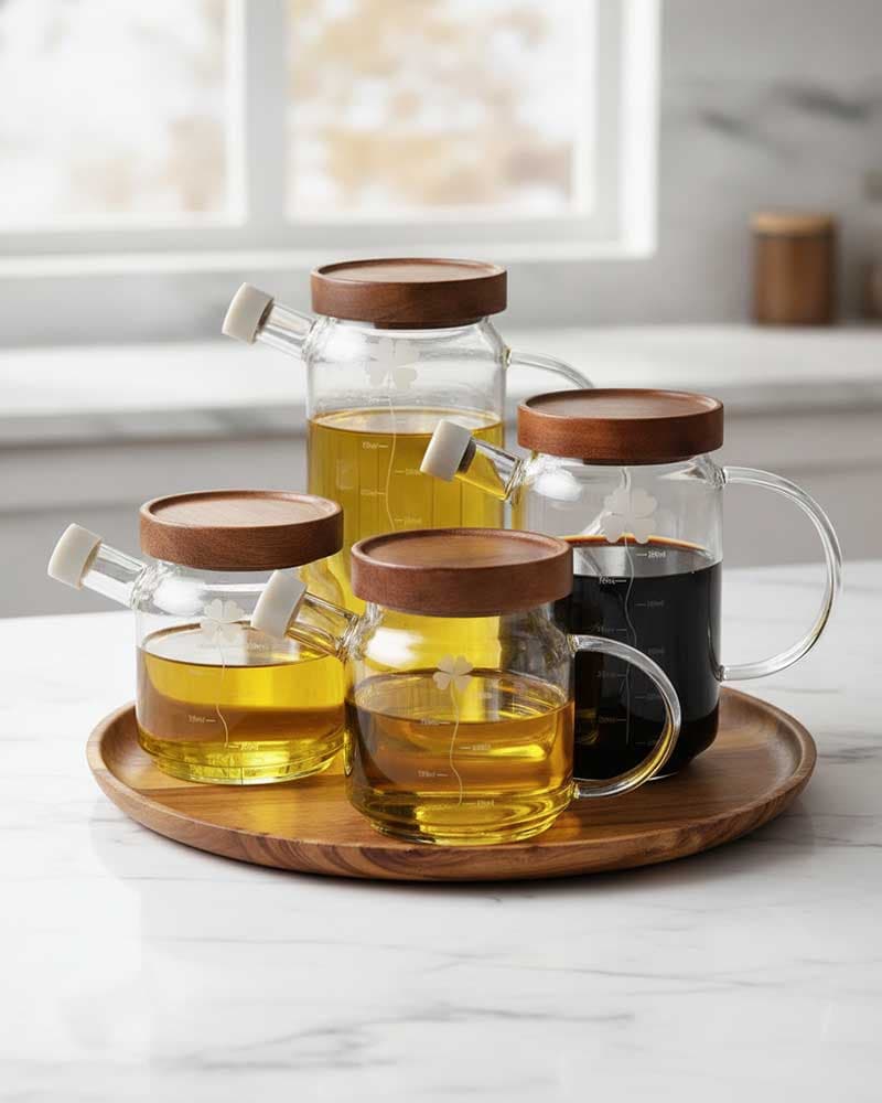 روغن‌ریز پیرکس طرح گلدار با درب چوبی در سه سایز