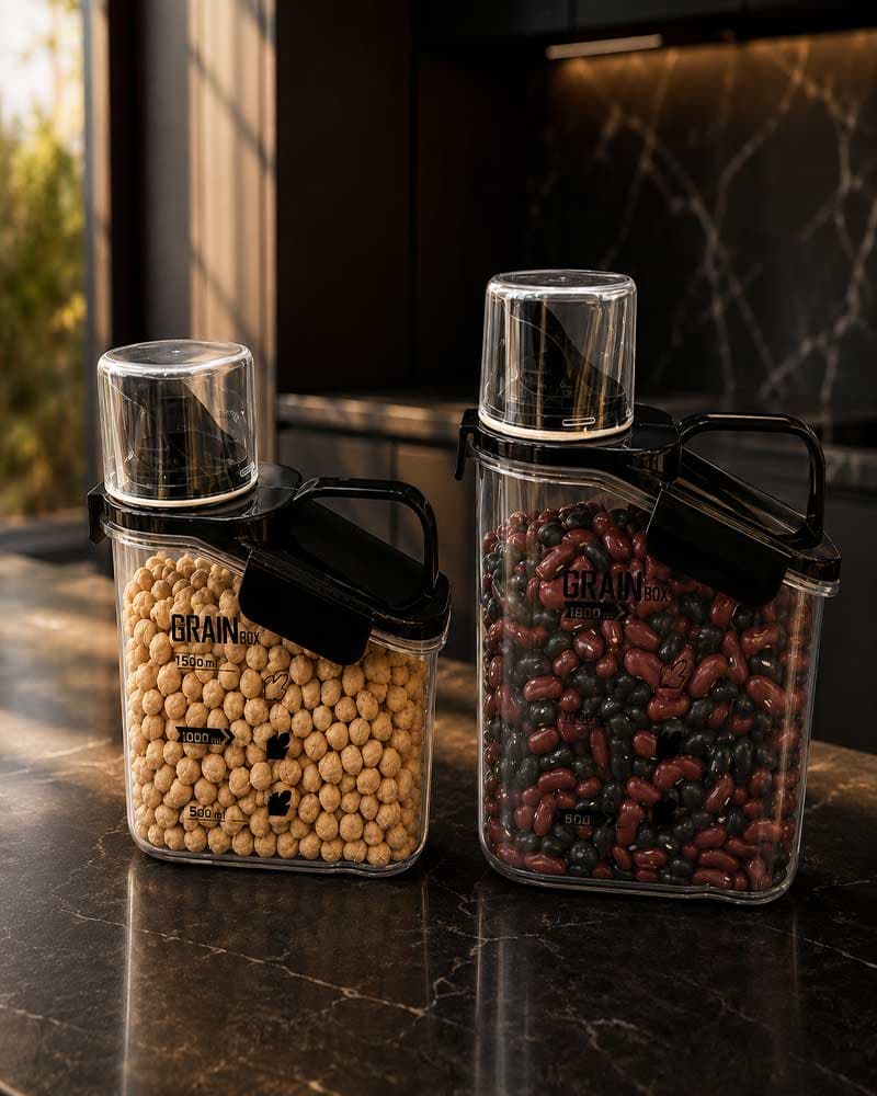 بانکه و ظرف نگهدارنده حبوبات گرین باکس (Grain Box) مشکی در حجم ۱۶۰۰ و ۲۰۰۰ میل