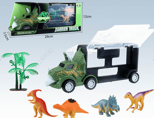 تراک دایناسوری مینیسو، مدل Miniso Animals Truck – with 8 Little Animals(Triceratops Truck)، دایناسور 8 عدد و 1 تراک، رنگ سبز و خاکی