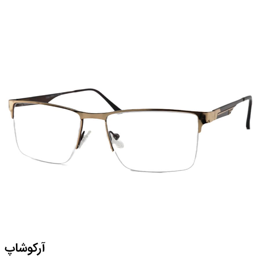 عینک طبی نیم فریم Cartier با فریم طلایی رنگ، مستطیلی شکل و دسته مسی و قهوه‌ای و لولا فنری مدل 62493
