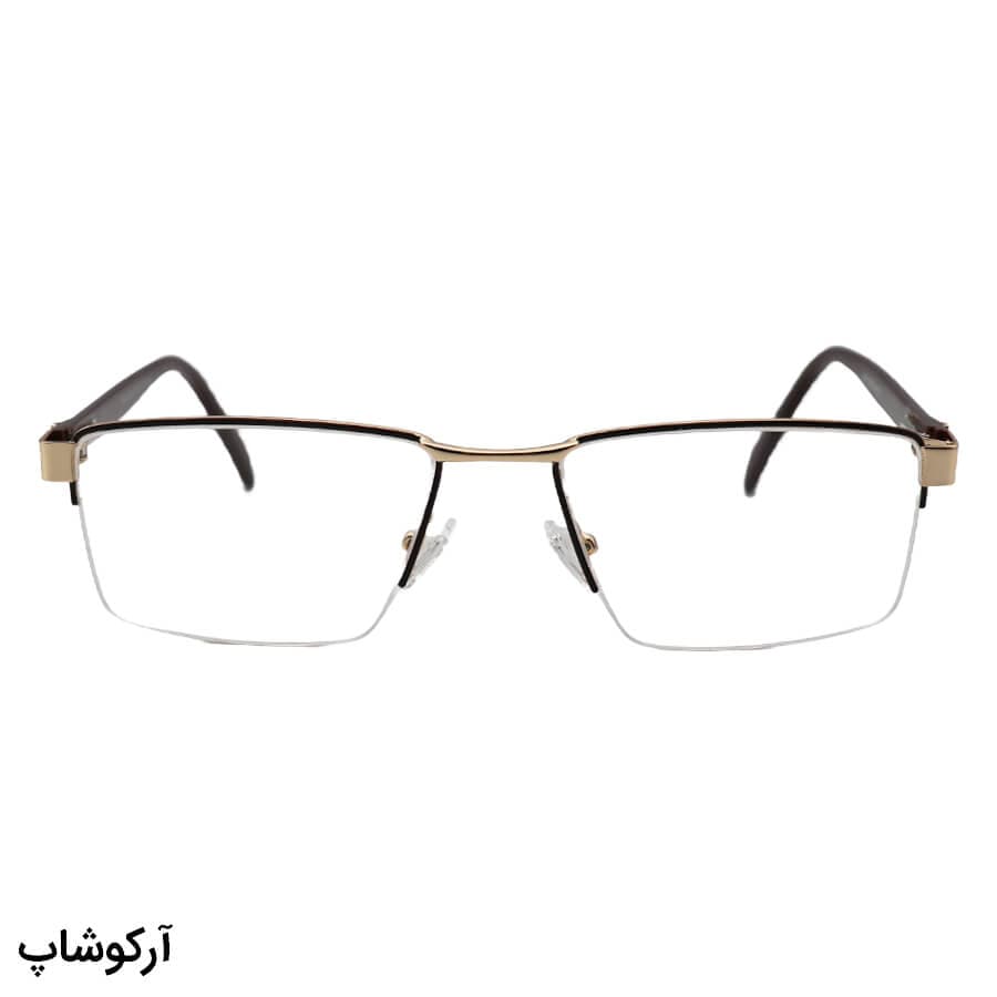 عینک طبی نیم فریم پرادا با فریم طلایی، شکل مستطیلی، جنس فلزی، دسته قهوه‌ای و لولا فنردار مدل 5215 — تصویر ۲