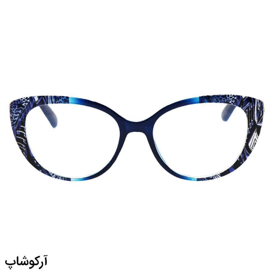 عینک مطالعه نزدیک بین نمره +2.00 با فریم گربه ای، آبی رنگ و دسته فنر دار مدل T162 — تصویر ۲