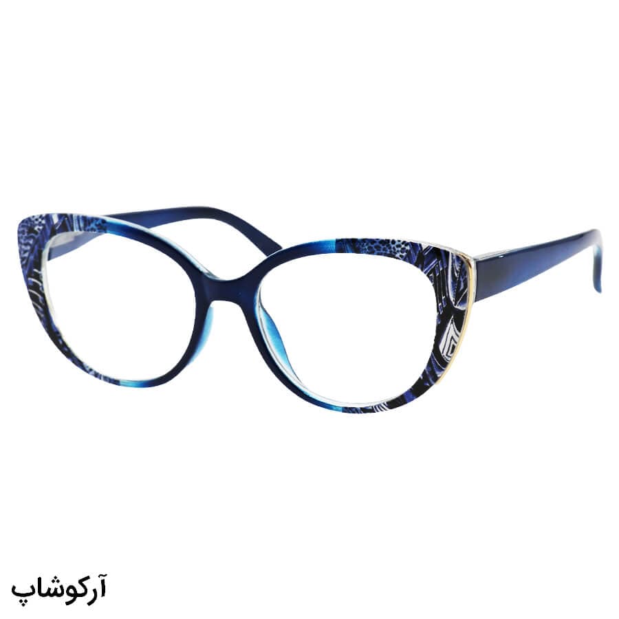 عینک مطالعه نزدیک بین نمره +2.00 با فریم گربه ای، آبی رنگ و دسته فنر دار مدل T162