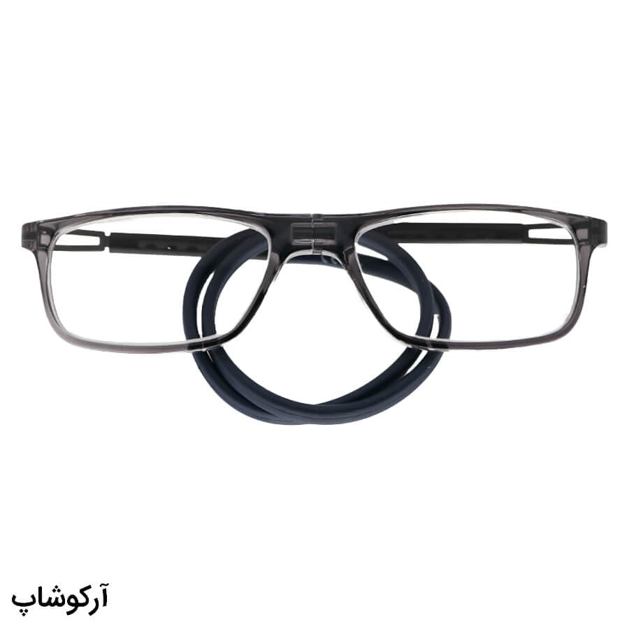 عینک مطالعه مگنتی با نمره +2.75 نزدیک‌بین فریم طوسی، شکل مستطیلی و بند سرمه‌ای مدل AM34003