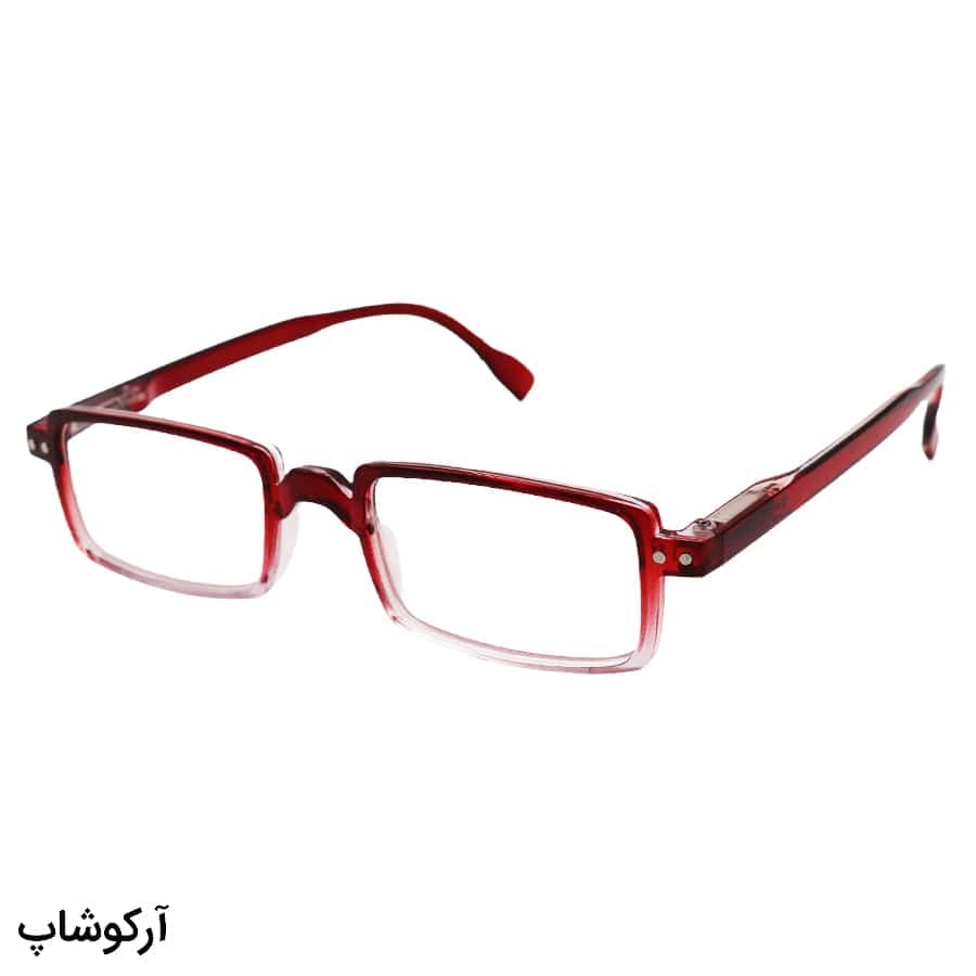 عینک مطالعه نزدیک بین نمره +2.50 با فریم رنگ قرمز، شکل مستطیلی و دسته فنری مدل 22-10