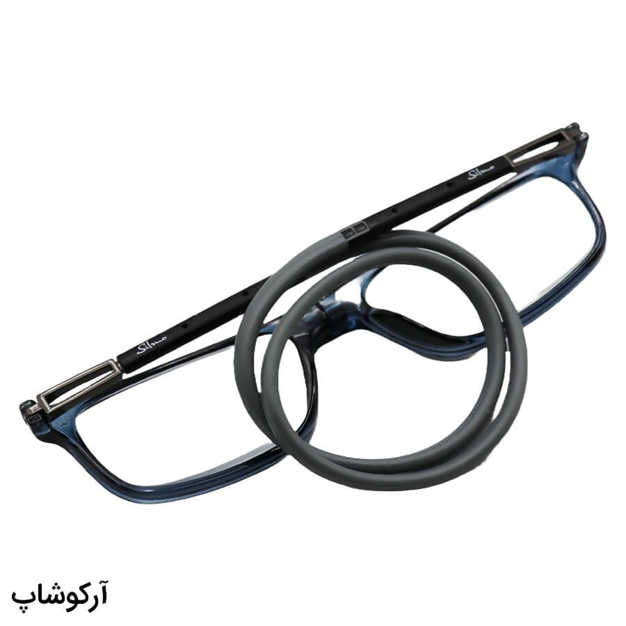 عینک مطالعه مگنتی با نمره +2.25 نزدیکبین فریم آبی، شکل مستطیلی و بند طوسی مدل AM34003 — تصویر ۲