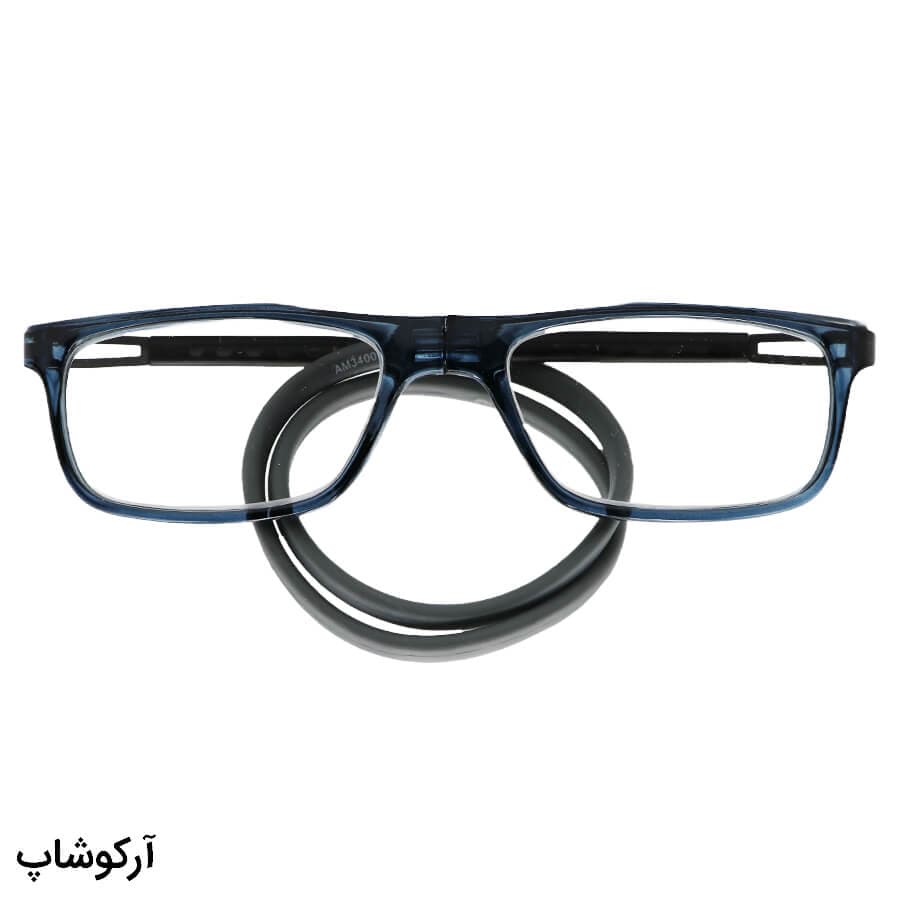 عینک مطالعه مگنتی با نمره +1.25 نزدیک‌بین فریم آبی، شکل مستطیلی و بند طوسی مدل AM34003