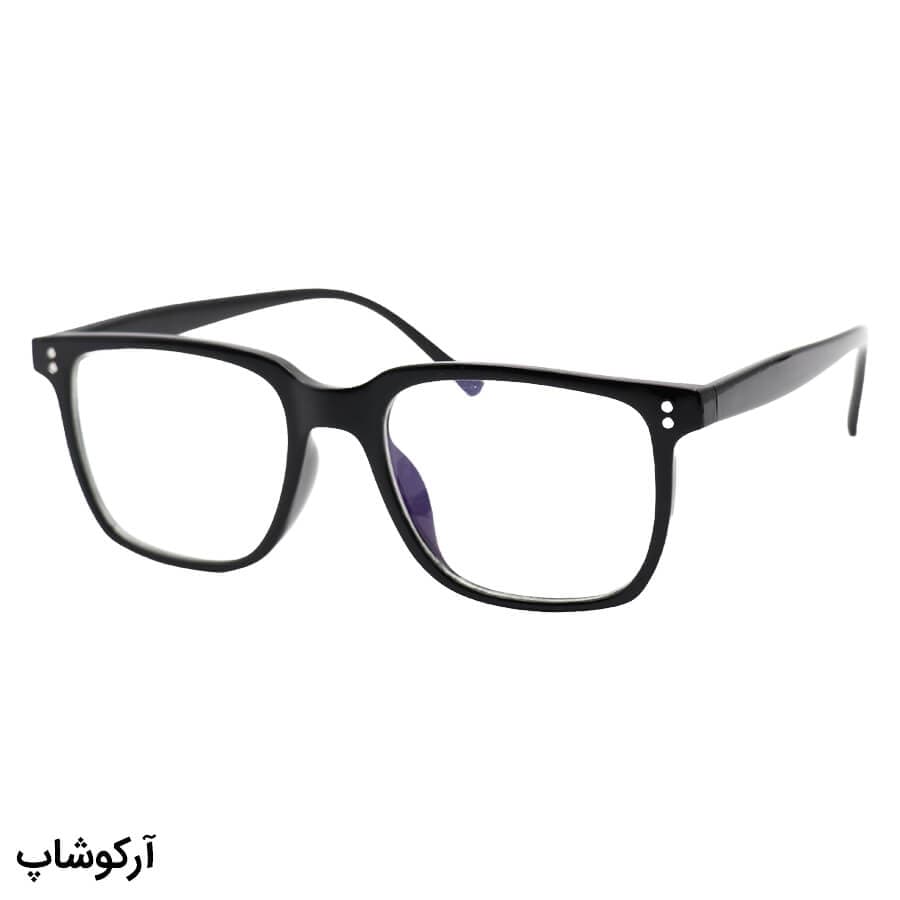 عینک با فریم مستطیلی شکل، رنگ مشکی و لنز بی‌رنگ و از جنس پلی کربنات (بلوکات) مدل 28061
