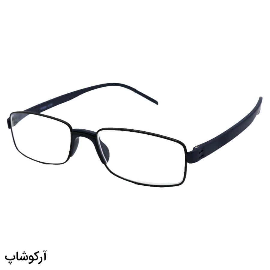 عینک مطالعه نمره +3.00 نزدیک بین با فریم مستطیلی شکل و دسته سرمه ای رنگ مدل R1658