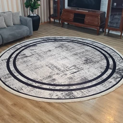 فرش گرد چاپی فرشینه طوسی مخمل هازان طرح مدرن c45 — تصویر ۳