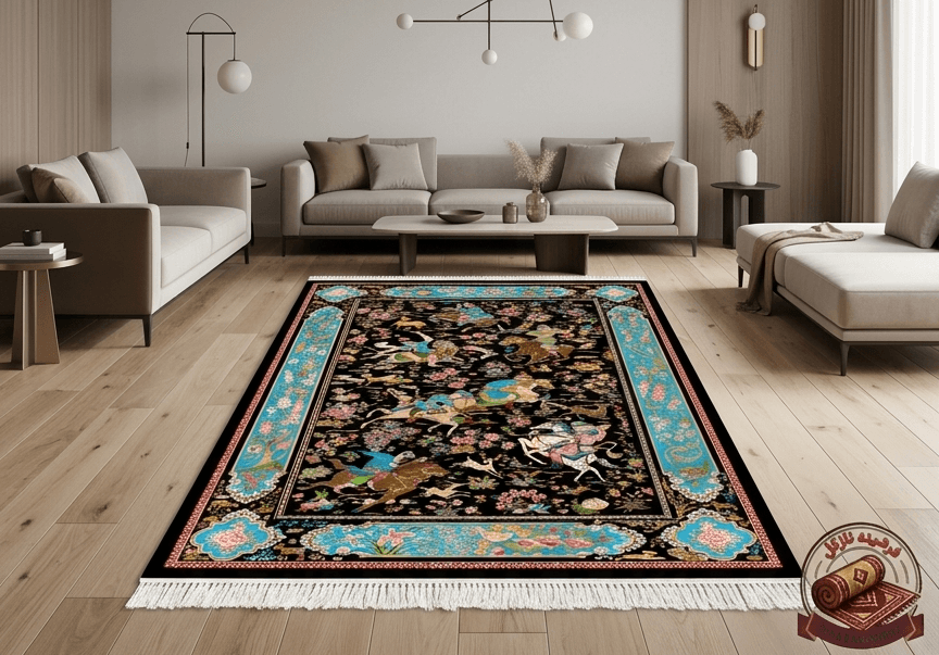 فرشینه مخمل طرح ابریشم مدل شکارگاه و چوگان زمینه مشکی کد A005