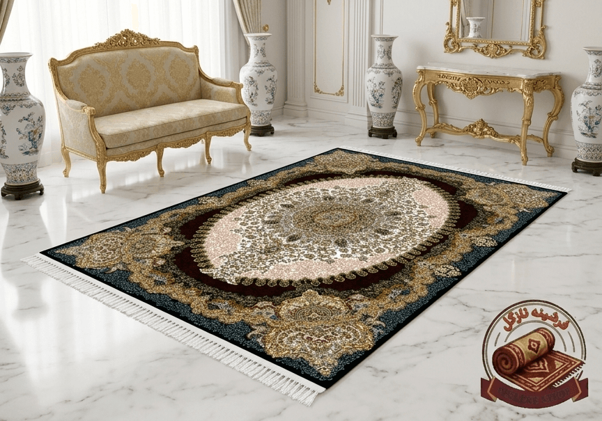 فرشینه مخمل طرح ابریشم رنگ زمینه‌ تیره با حاشیه طلایی کد A106 — تصویر ۲