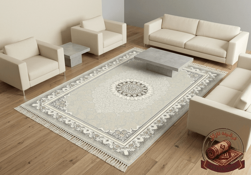 فرشینه مخمل طرح ابریشم مدل آرتمیس زمینه صدفی کد A100
