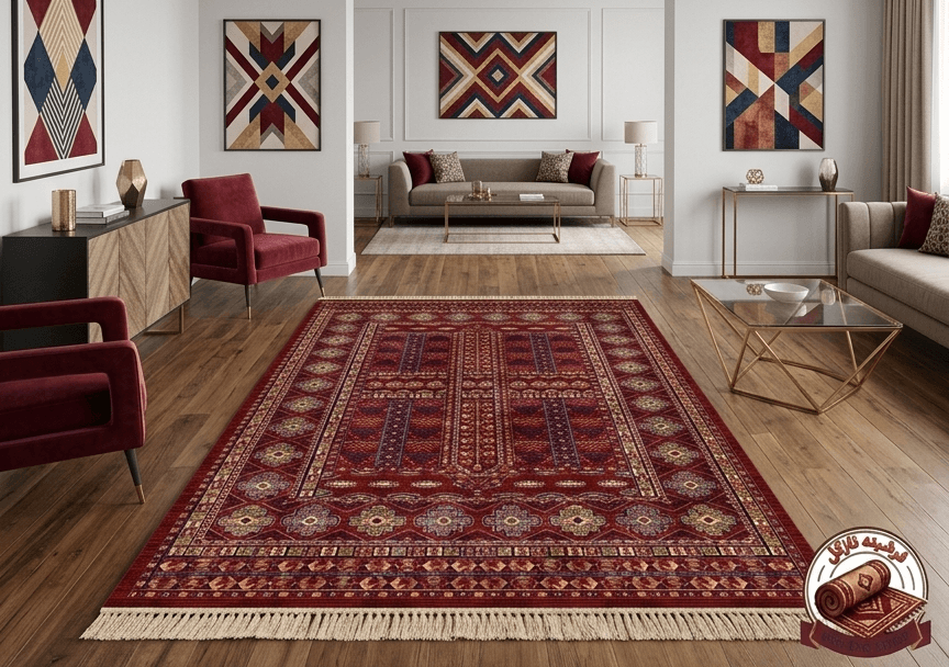 فرشینه مخمل طرح قرمز لاکی طرح گبه هندسی کد A094