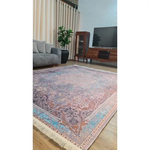فرشینه مخمل ترک طرح پتینه آبی افشان L509 — تصویر ۵