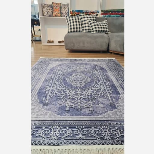 فرشینه مخمل ترک طرح افشان رنگ طوسی سرمه‌ای کد L485 — تصویر ۴