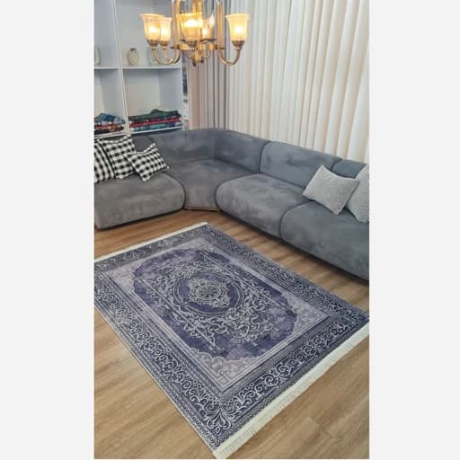 فرشینه مخمل ترک طرح افشان رنگ طوسی سرمه‌ای کد L485 — تصویر ۵