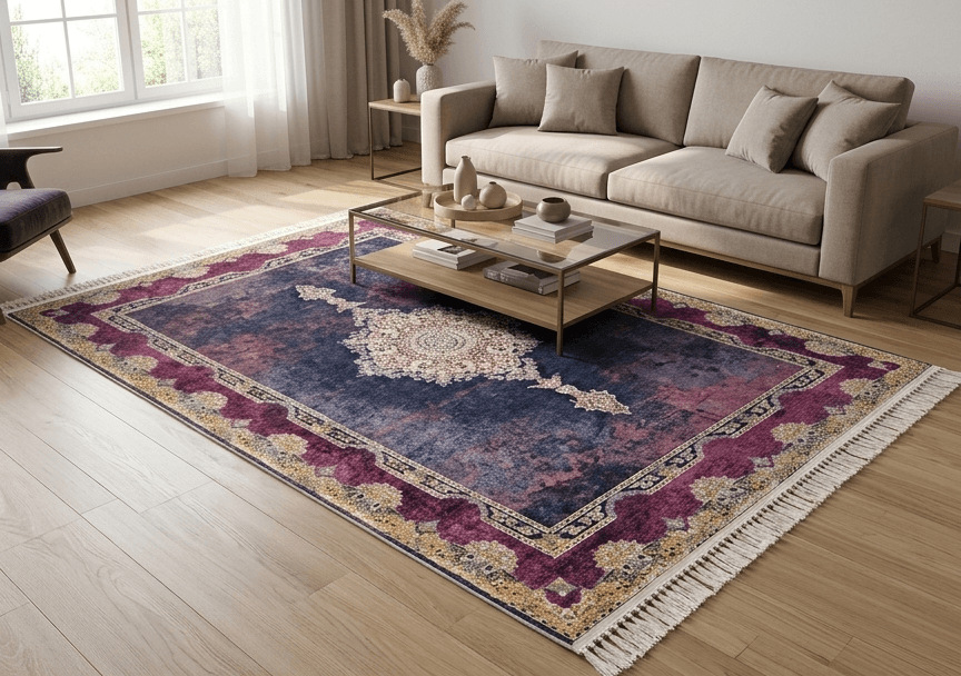 فرشینه مخمل ترک طرح وینتیج سلطنتی ترکیب رنگ بنفش و طوسی کد L449