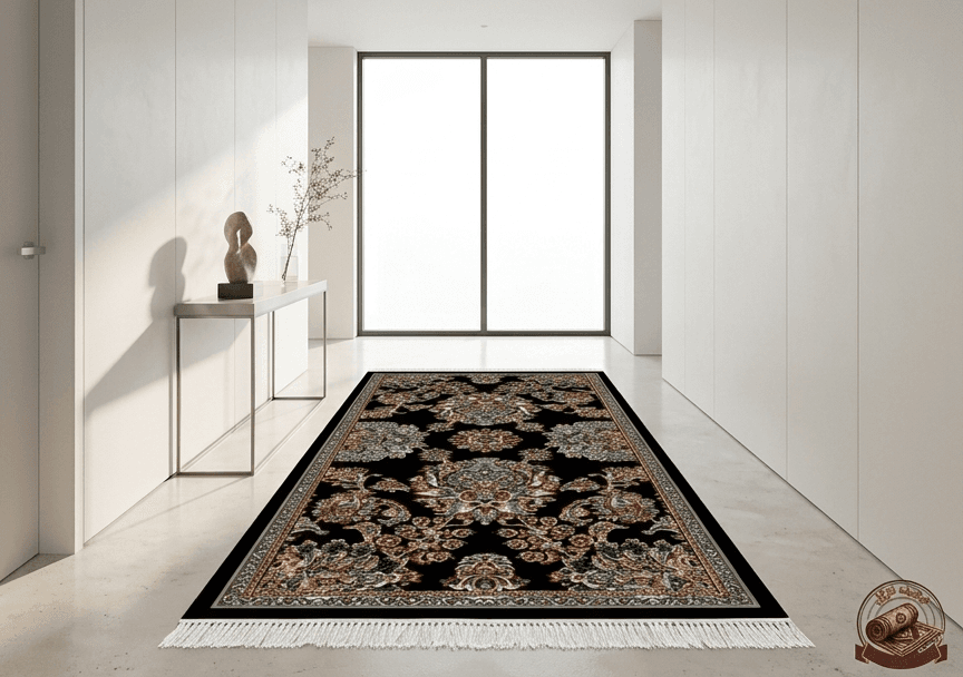 فرشینه مخمل ترک طرح افشان اسلیمی زمینه مشکی کد R188