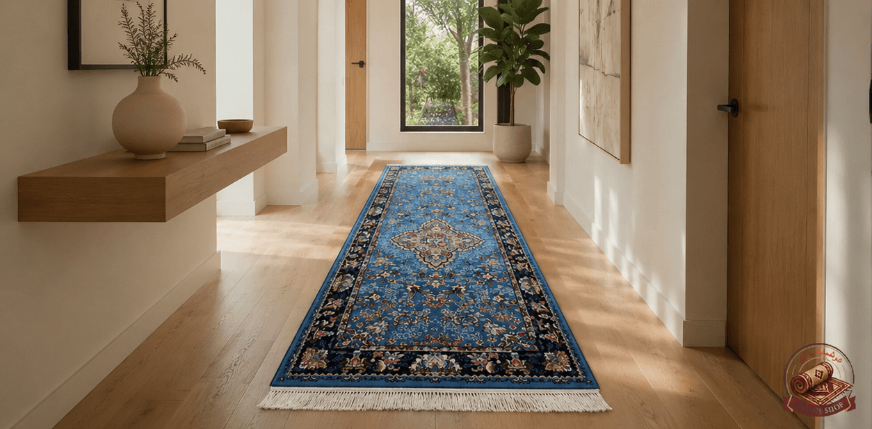 فرشینه راهرویی مخمل ترک طرح سنتی شاه‌عباسی رنگ آبی فیروزه‌ای کد ۱۷۳